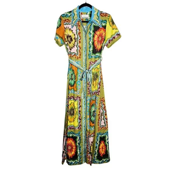 Alemais Disco Daisy Green Yellow Floral Belted Maxi Shirtdress Size AU 8 US 4 - Picture 5 of 16